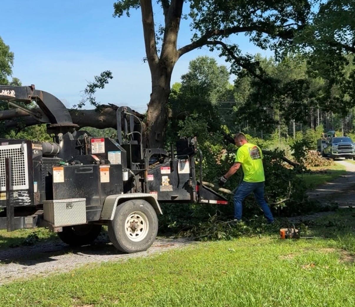 BTS Tree Removal crew feeding branches into a wood chipper